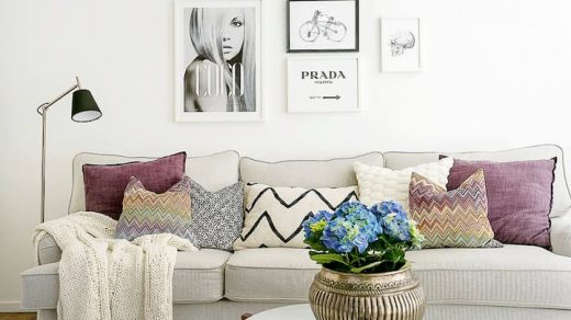 sofa bed with pillows with mix of patterns